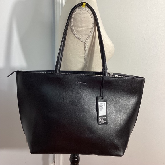 NWT CROMIA WOMAN'S LARGE LEATHER SUEDE TOTE BLACK  BAG FRINGE CHAINS AT FRONT - Picture 10 of 16